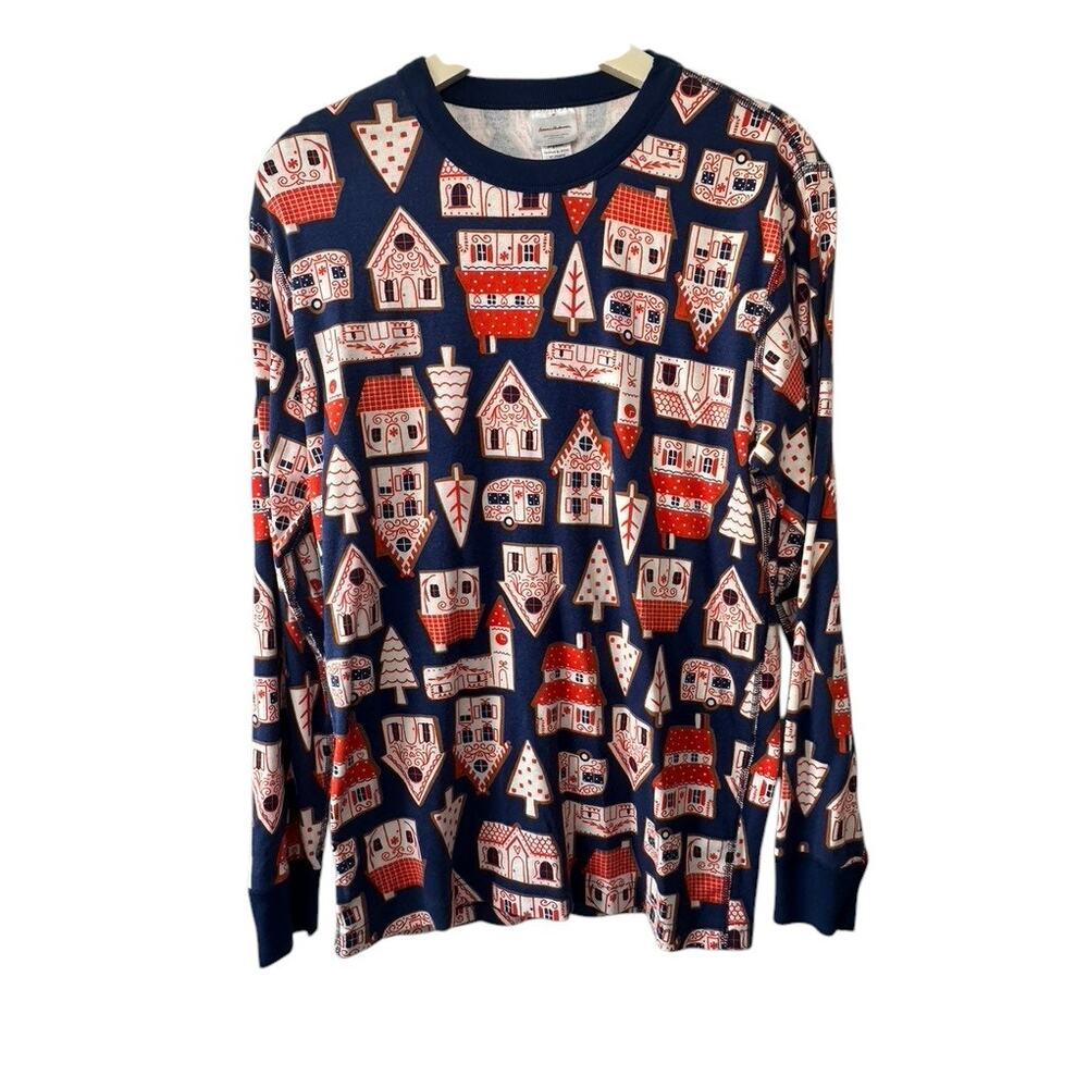Hanna Andersson Navy Blue Gingerbread House Print Pajama Shirt Size Medium